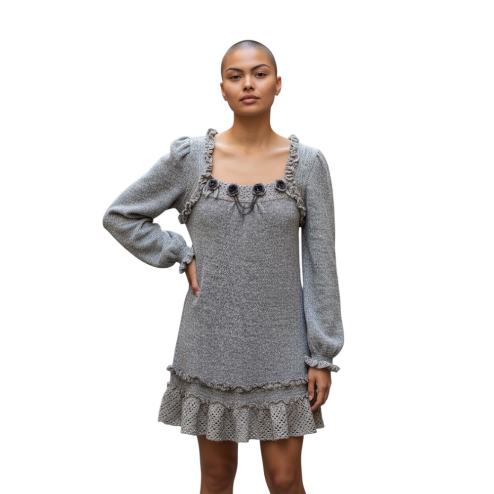 Forla grey long-sleeved Women's mini dress with a square neckline & ruffled trim - Picture 2 of 12